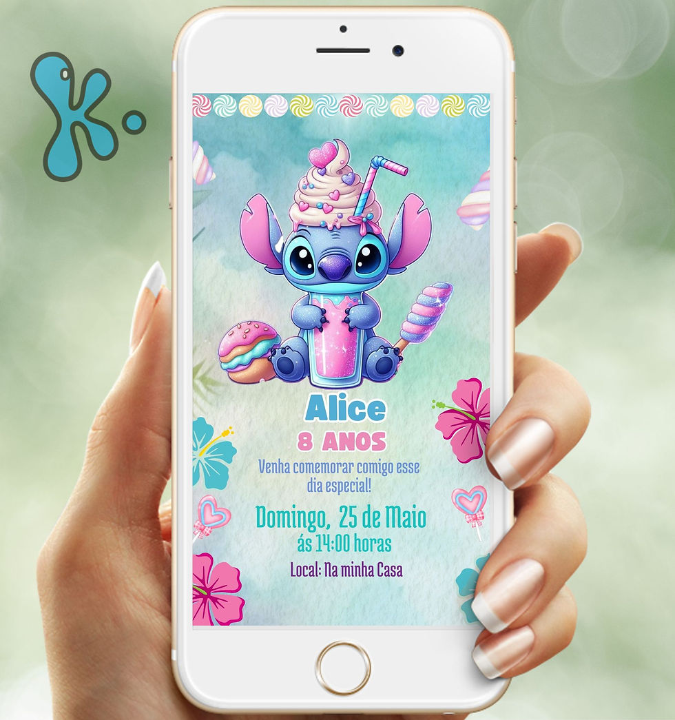 Convite digital Stitch com milkshake, doces e fundo pastel colorido