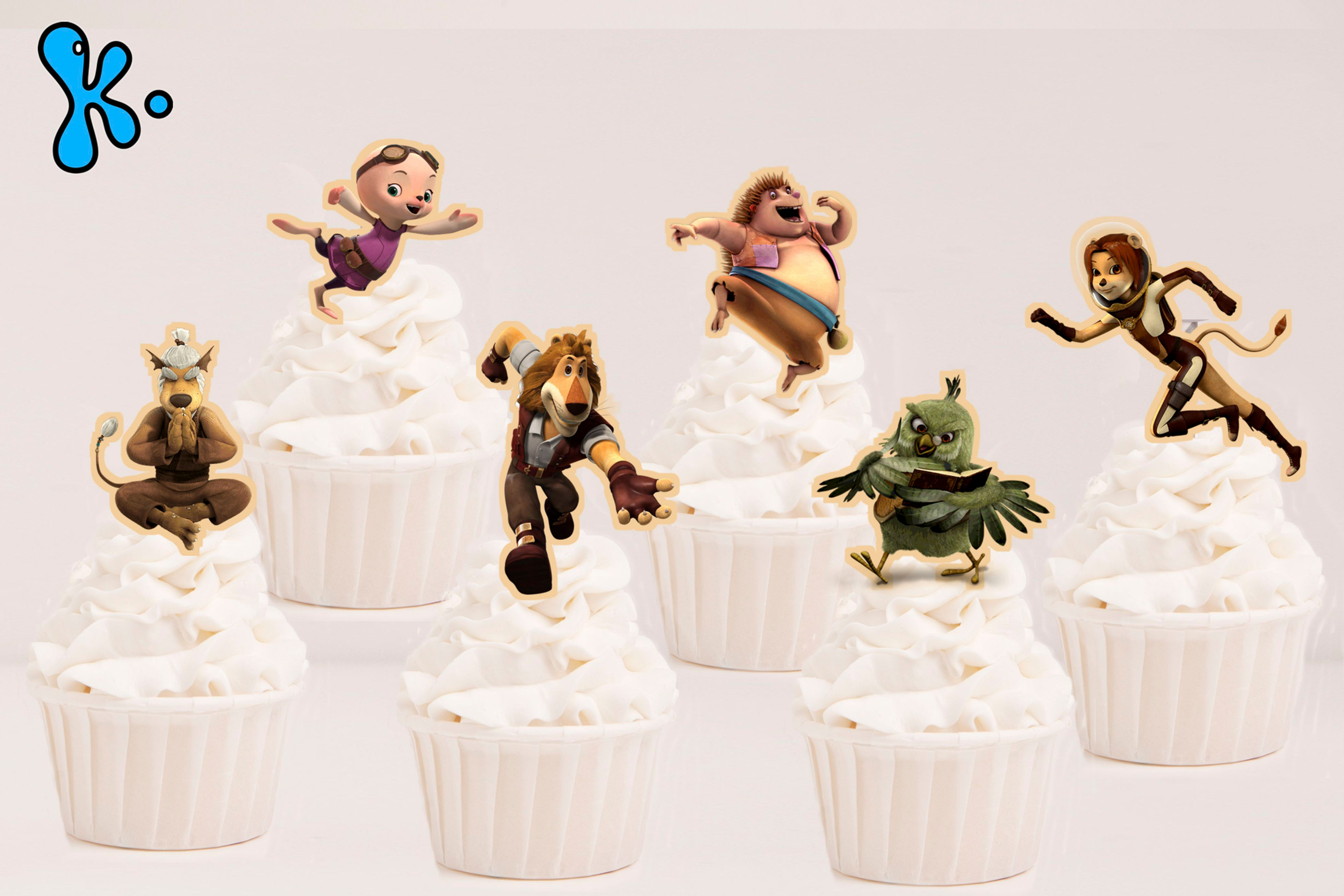 Toppers recortados As Aventuras do Max Atlantos com personagens aventureiras em cupcakes de festa infantil.