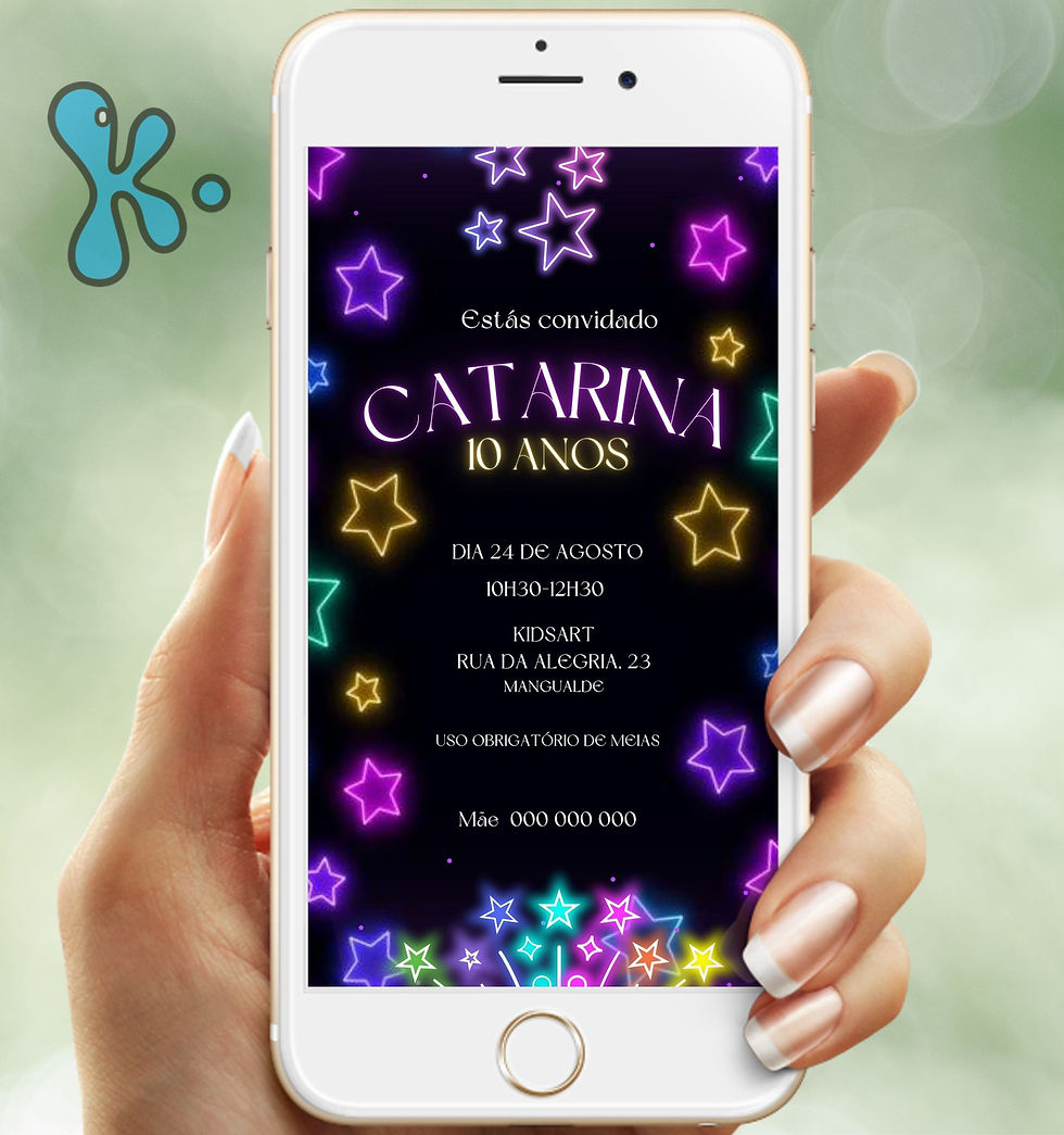 Convite digital estrelas neon coloridas personalizado para aniversários infantis.