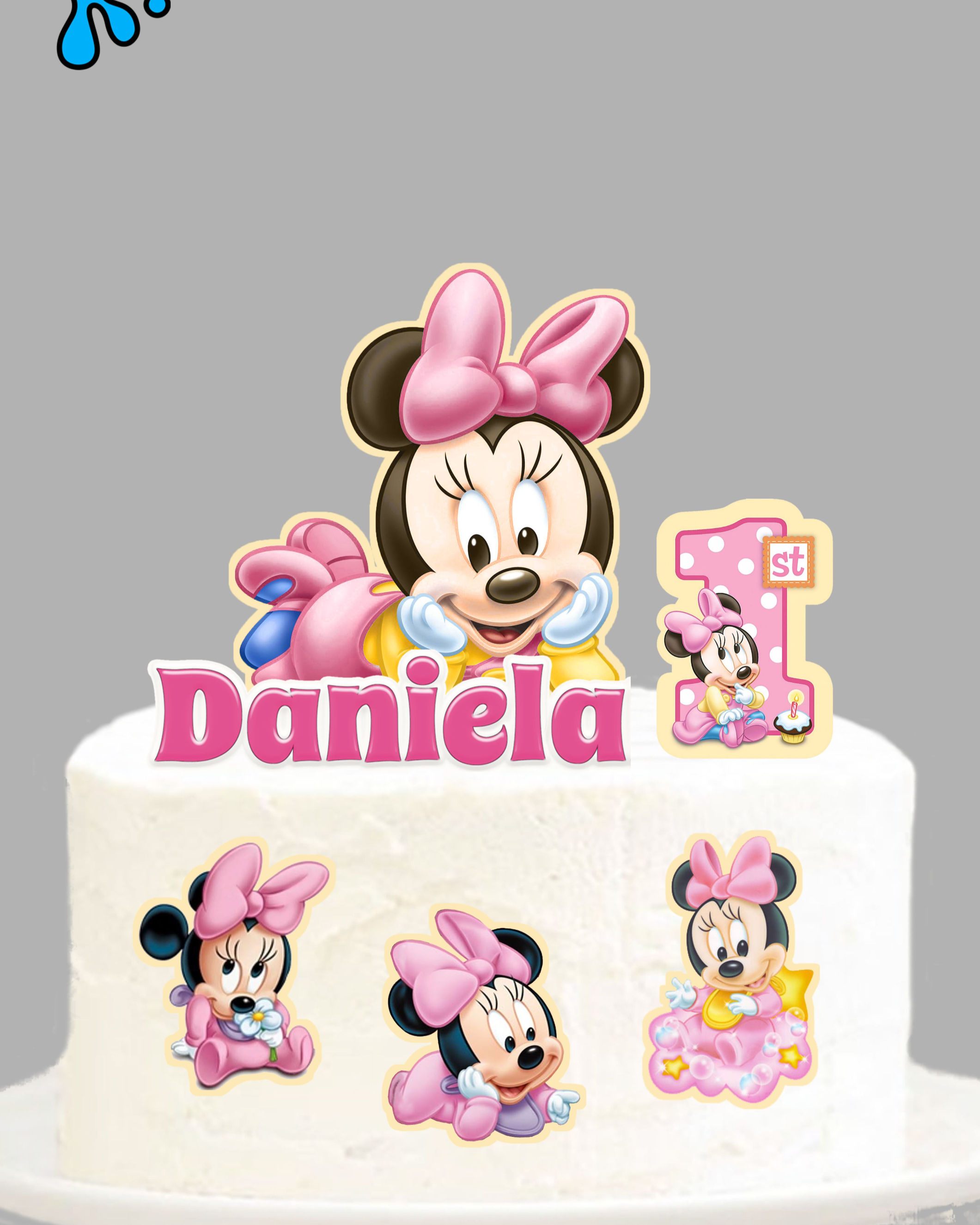 Topo de bolo Baby Minnie personalizado com nome e idade para festa infantil.