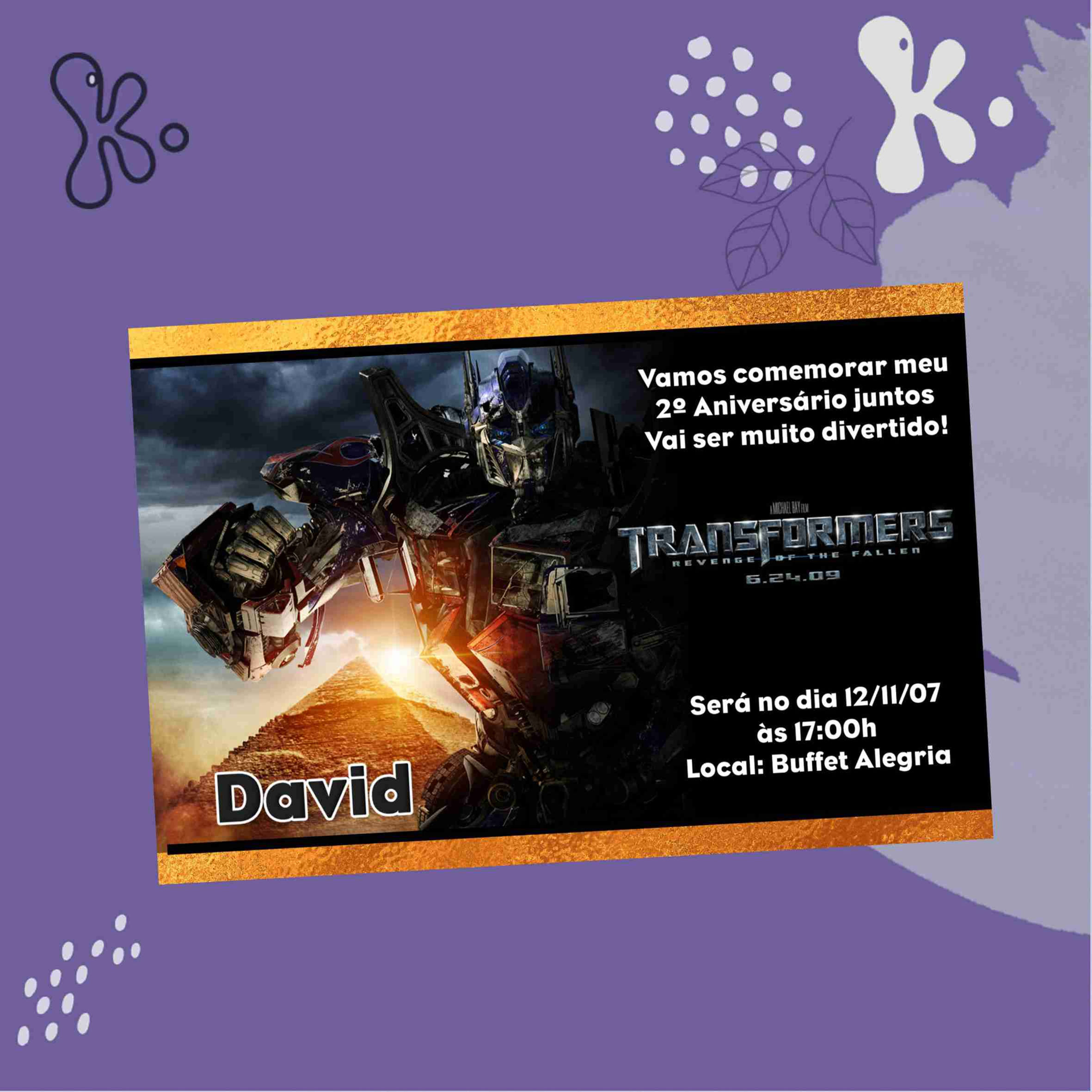 Convite Digital Transformers com Optimus Prime e cenário do filme, totalmente personalizável para aniversário infantil