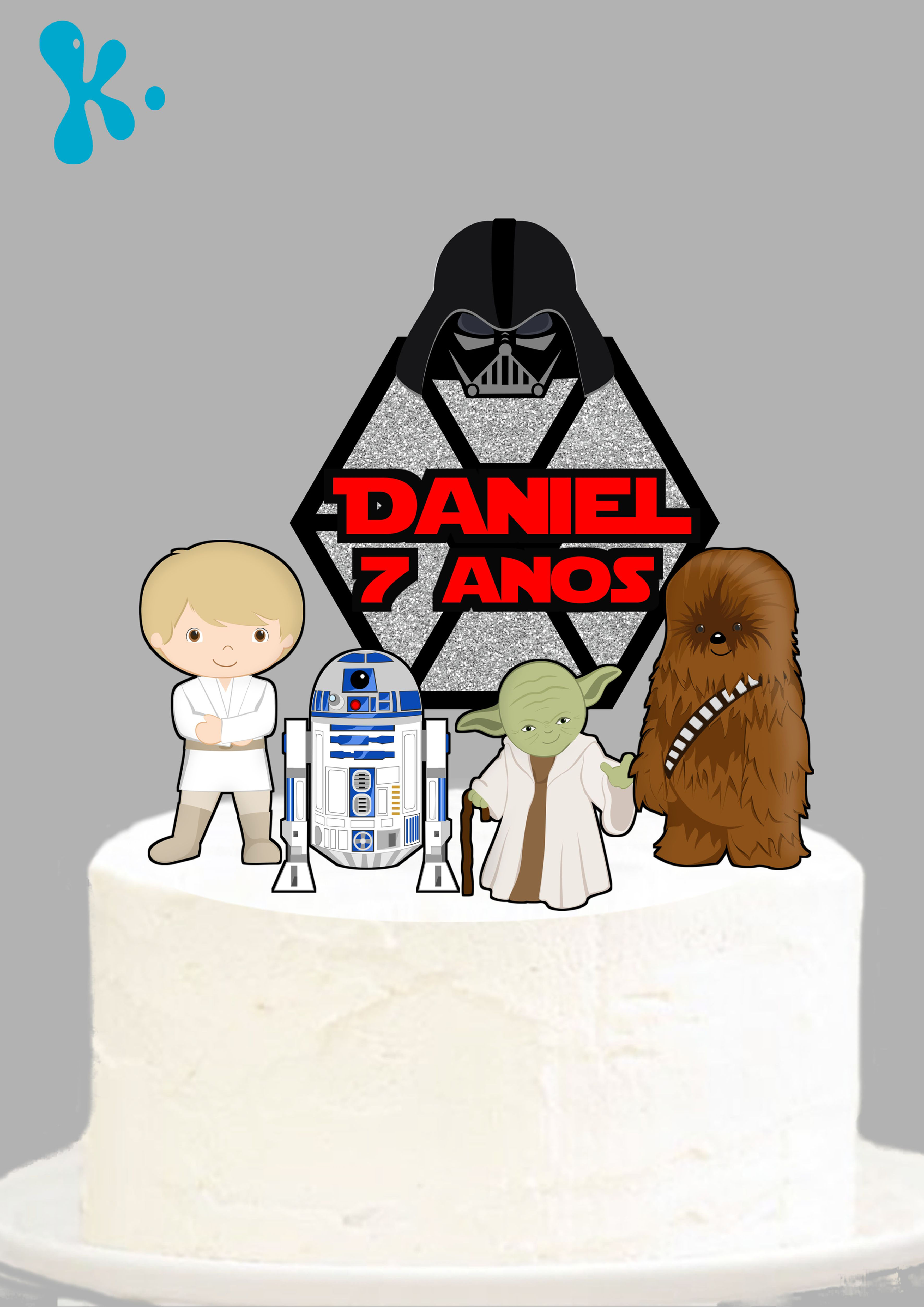 Topo de bolo Star Wars personalizado com personagens em versão cute.