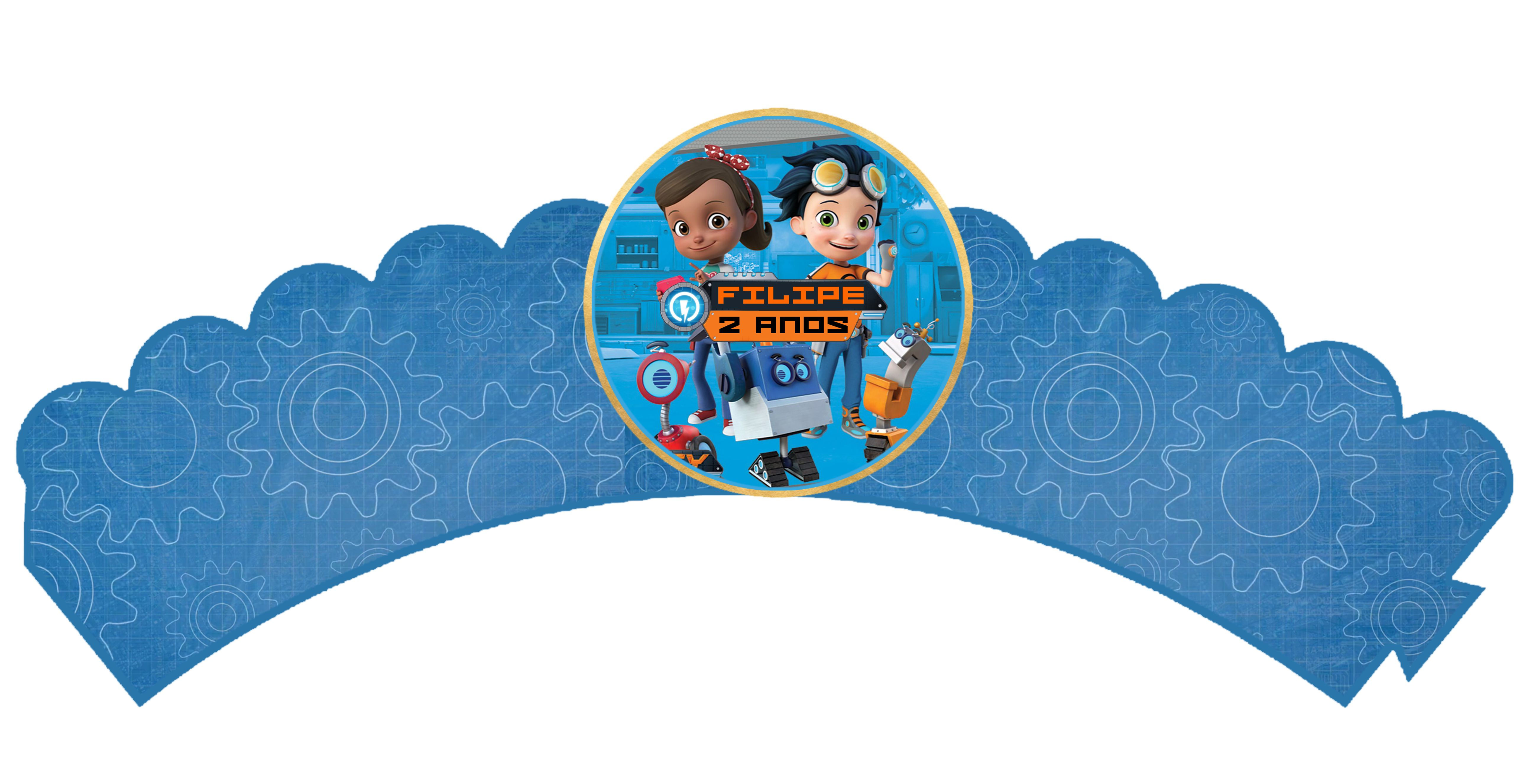 Wrappers personalizados Rusty Rivets azuis com personagens e engrenagens para cupcakes de festa infantil.