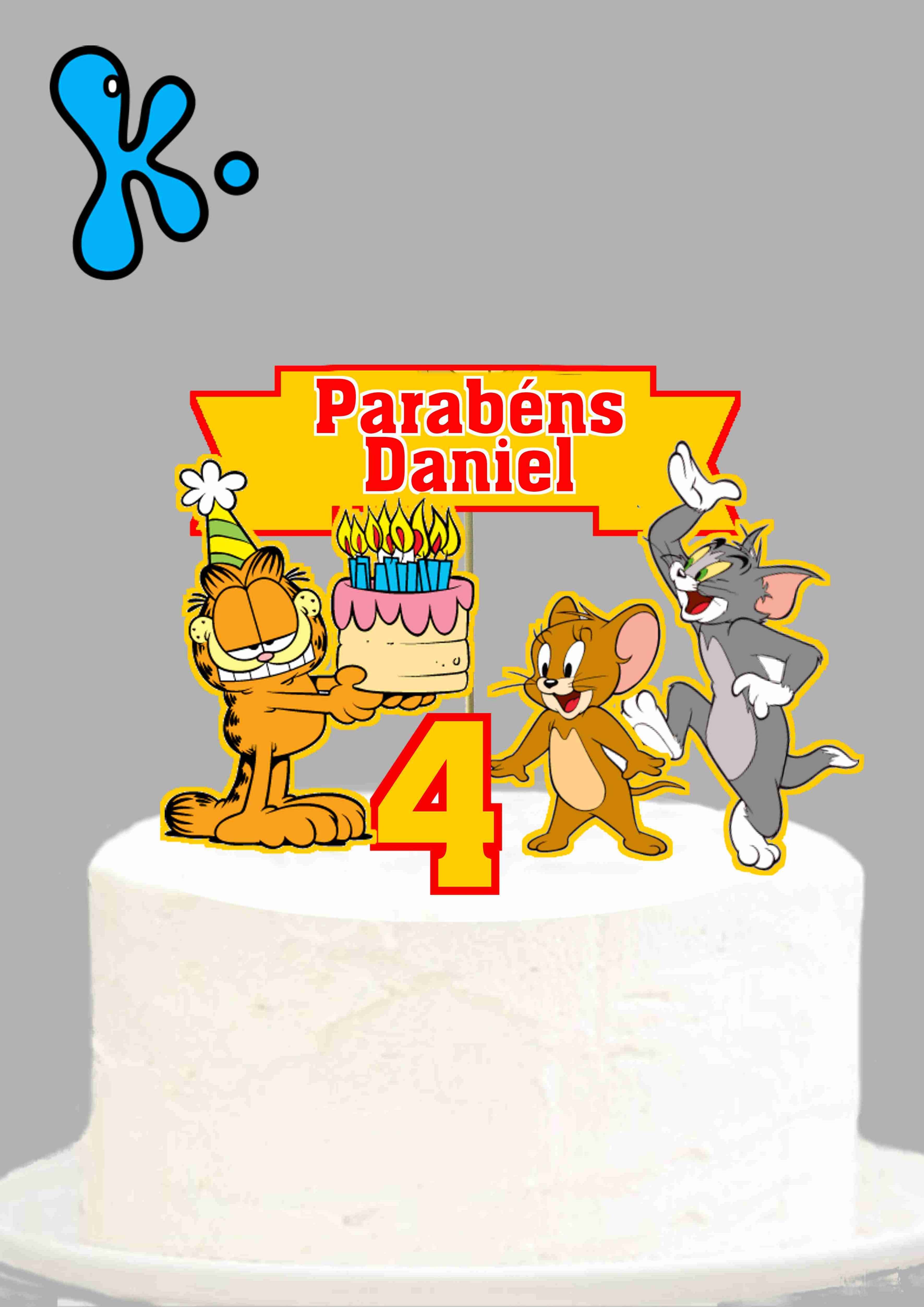 Topo de bolo com Tom, Jerry, Garfield e nome Daniel em destaque