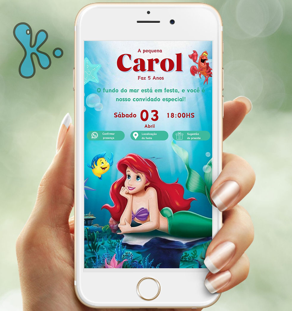 Convite digital Pequena Sereia personalizado com sereia, fundo do mar e elementos marinhos para festa infantil temática ocean