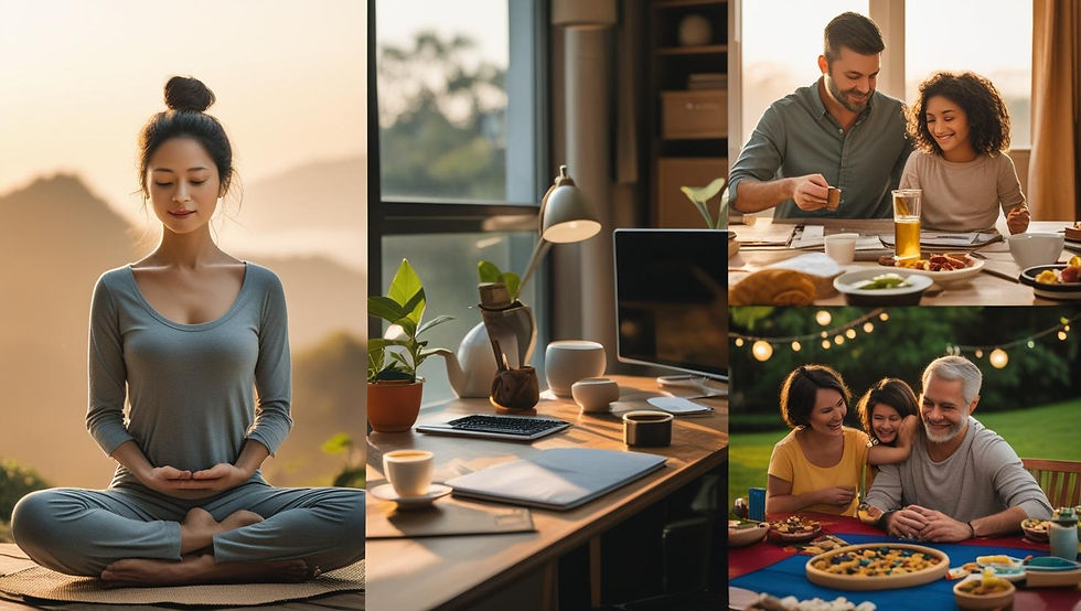 Rotina de vida diária mostrando meditação matinal, intervalos de trabalho, tempo para a família, tudo incorporando pausas conscientes