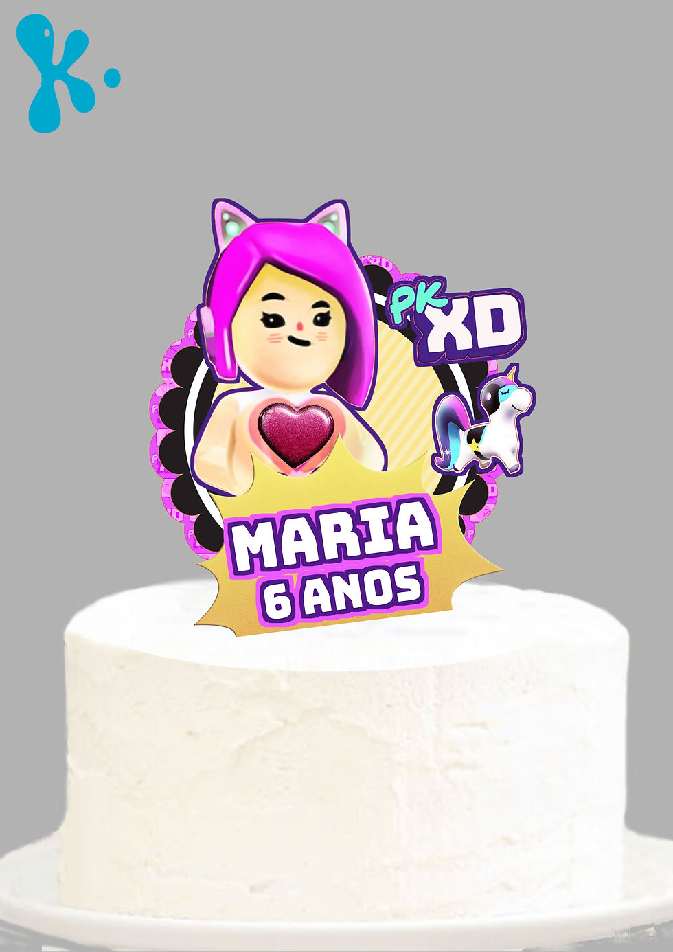 Topo de bolo personalizado PK XD menina com nome e idade, ideal para festa infantil gamer.