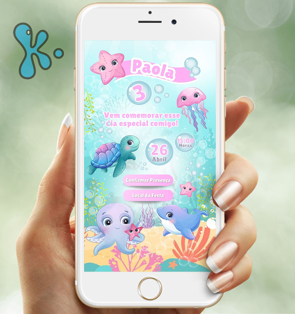 Convite Interativo Fundo do Mar com animais coloridos, links de presença e impressão