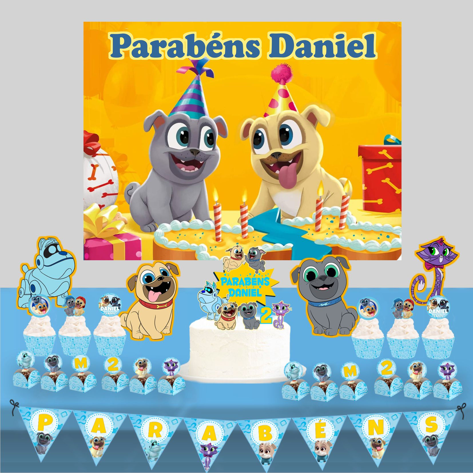 Kit de Festa Bingo e Rolly com painel amarelo, figuras dos cãezinhos e decoração infantil.