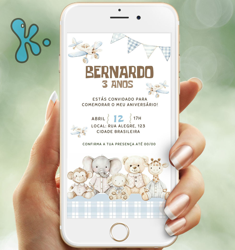 Convite digital infantil tema Brinquedos com peluches e aviões, personalizável.
