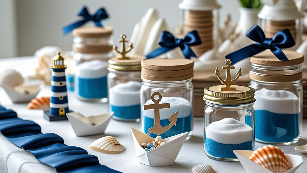 Exibição encantadora de lembrancinhas para festa de batismo náutica, incluindo pequenos potes de vidro com areia colorida e âncoras em miniatura, etiquetas personalizadas, pequenos barcos como recipientes para presente, lembranças com tema marítimo e embalagens elegantes com fitas azuis