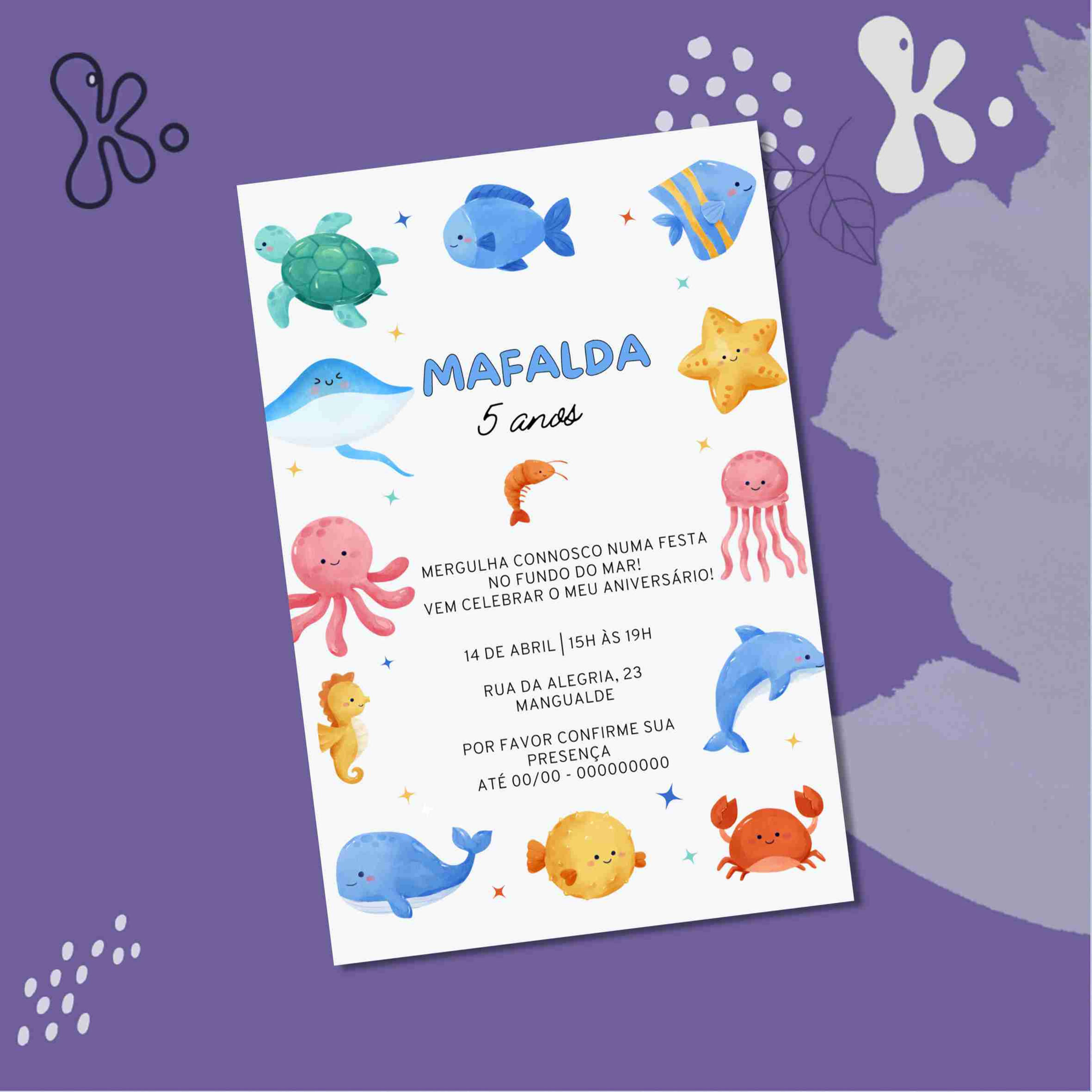 Convite Fundo do Mar com Animais Marinhos – Personalizável e Pronto para Imprimir