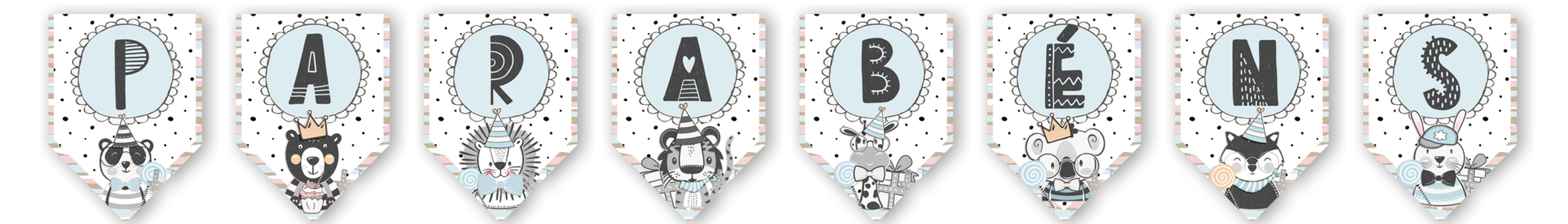 Bandeirolas Parabéns tema floresta minimalista com animais fofos