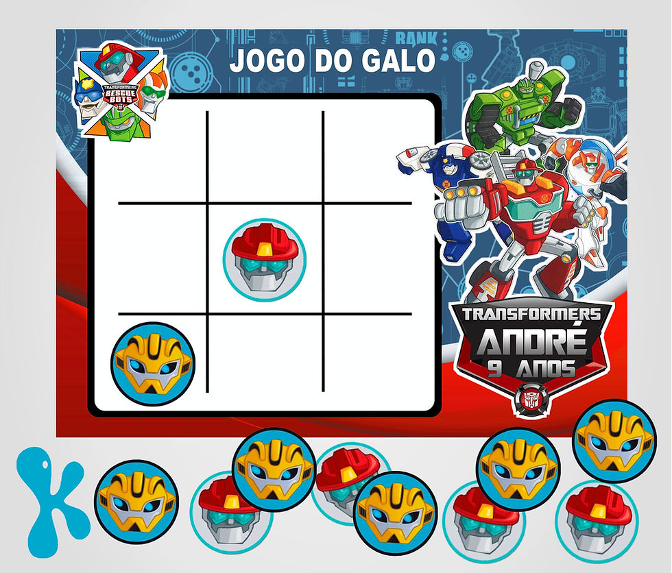 Jogo do Galo Personalizado Transformers Rescue Bots em azul, vermelho e branco, com personagens robóticas, nome André, idade