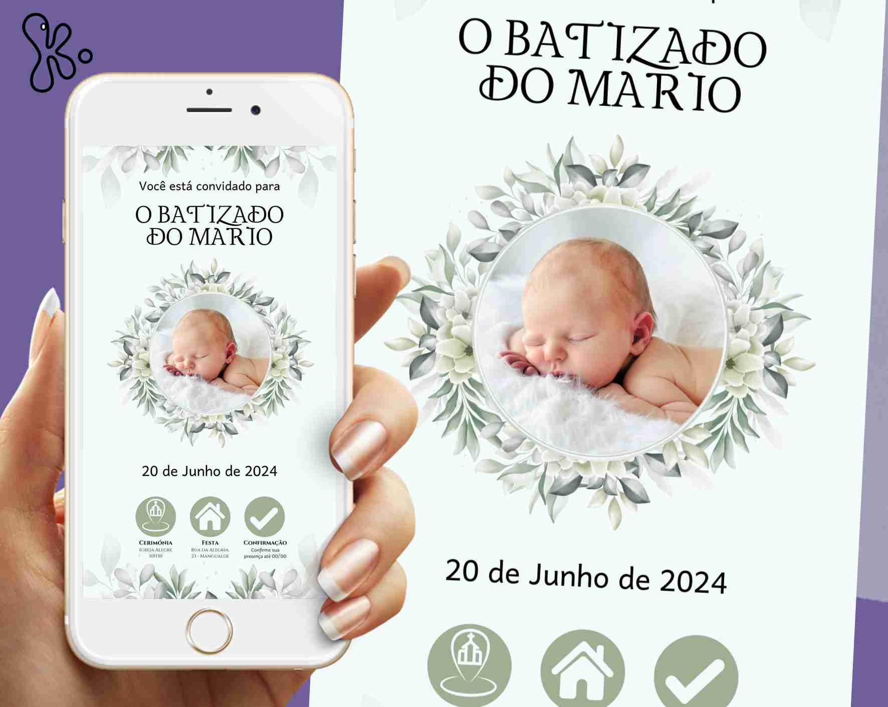 Convite interativo Batizado com foto do bebé e moldura floral, disponível em PDF