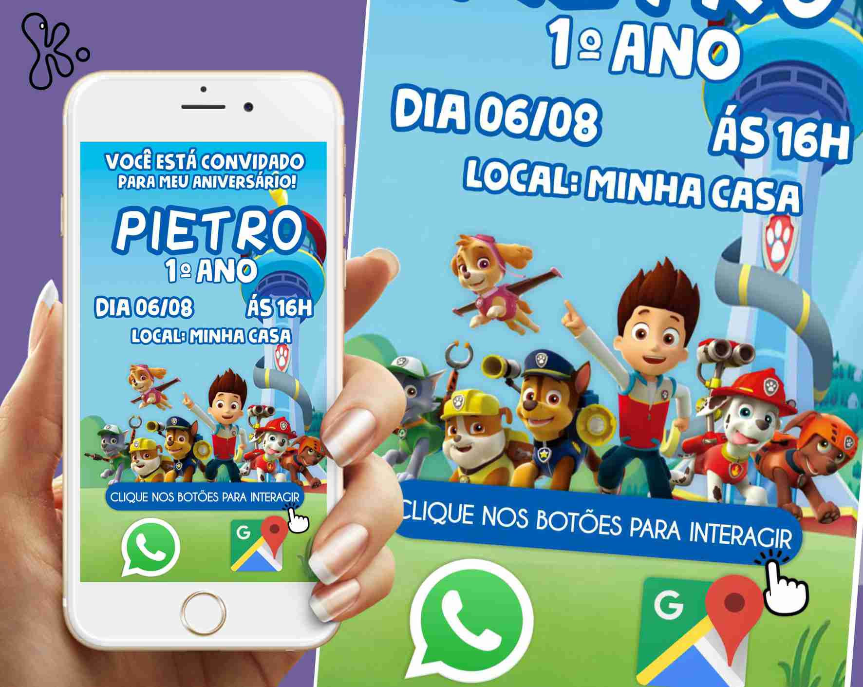 Convite digital Patrulha Pata com personagens, dados do evento e botões de interação em PDF