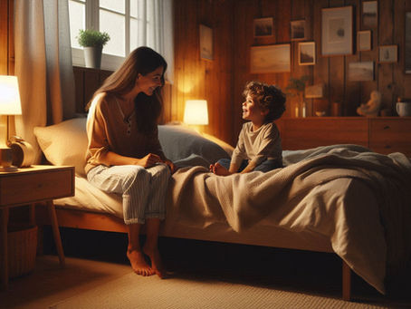 mãe e filho a conversar antes de dormir sobre conquistas do dia e autoestima infantil