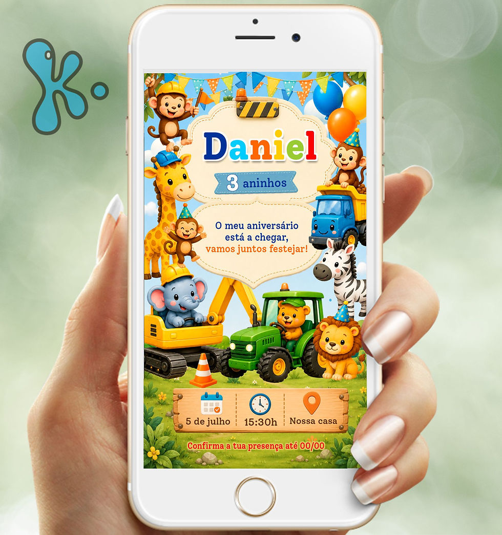 Convite digital Animais e Construção com animais fofinhos, máquinas, balões e nome em destaque.