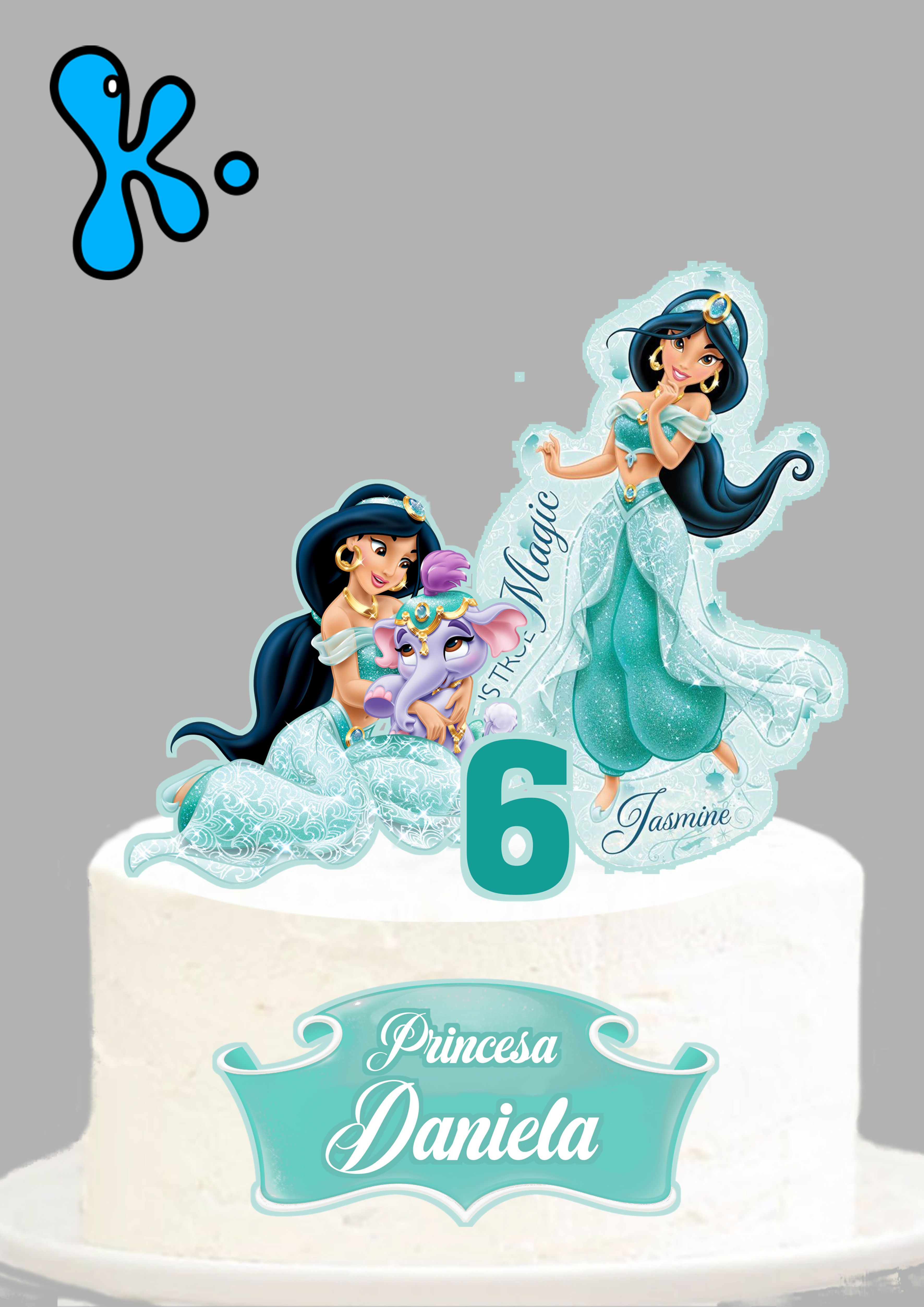Topo de bolo personalizado Princesa Jasmine com nome e idade, ideal para festa infantil.