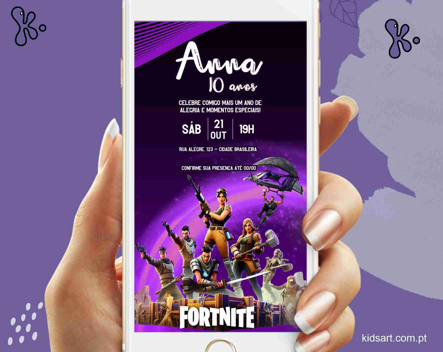 Convite Digital Fortnite Roxo – Personalizável para Festa de Aniversário