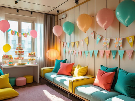 Apartamento pequeno decorado com criatividade para uma festa infantil, com balões nas paredes, mesa de doces encostada, almofadas no chão e luz suave a entrar pela janela.
