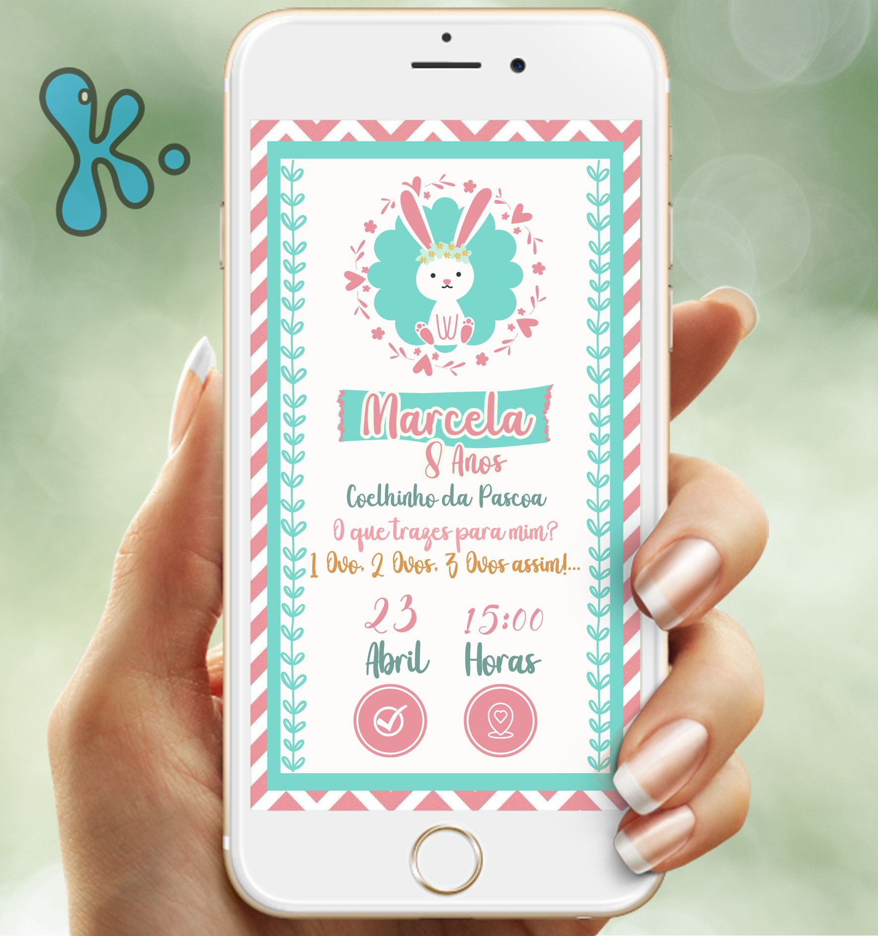 Convite digital de Páscoa personalizado com coelhinho e cores suaves