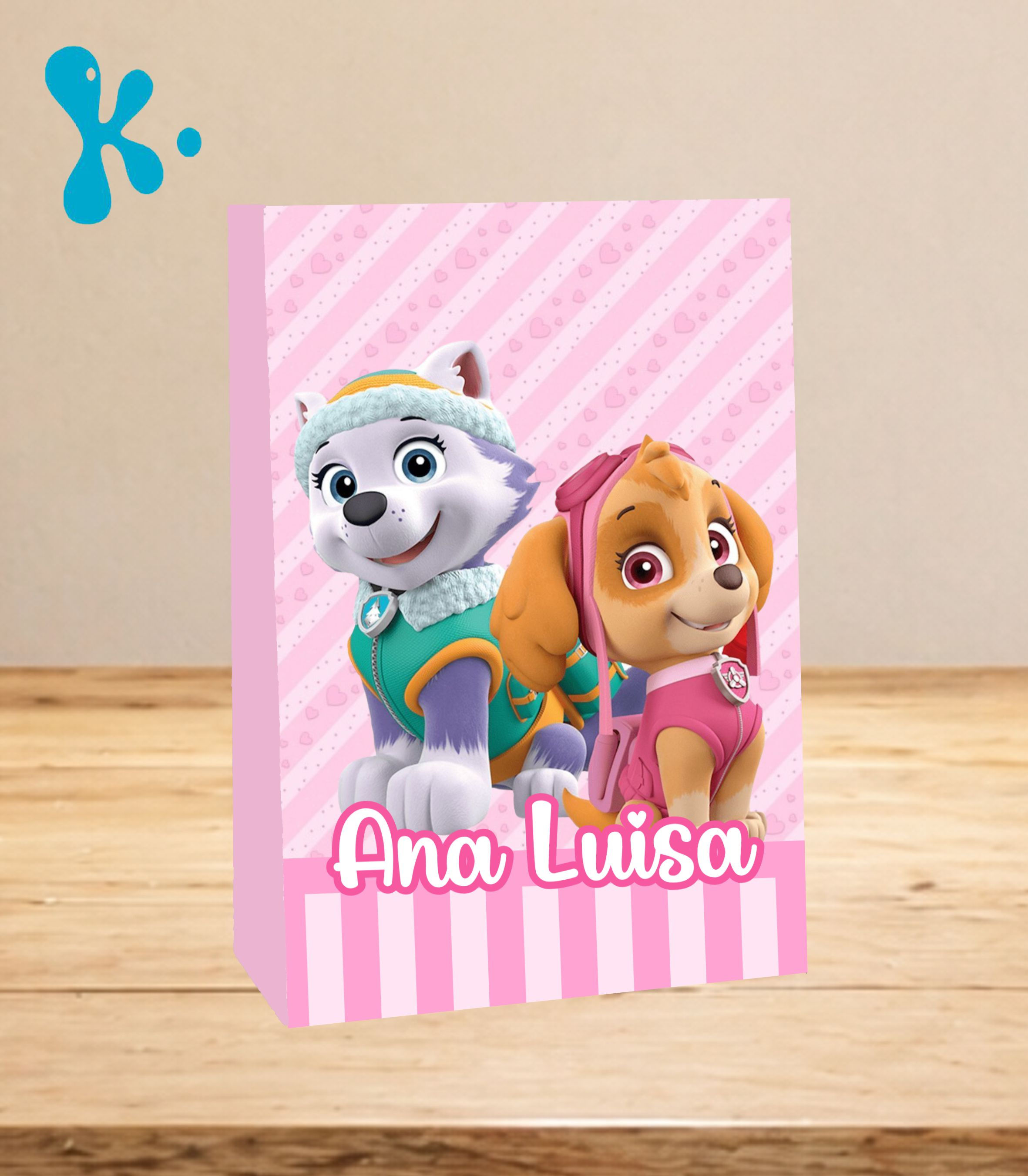 Saco lembrança Patrulha Pata Menina rosa, com Skye, Everest, corações e nome Ana Luísa personalizado.