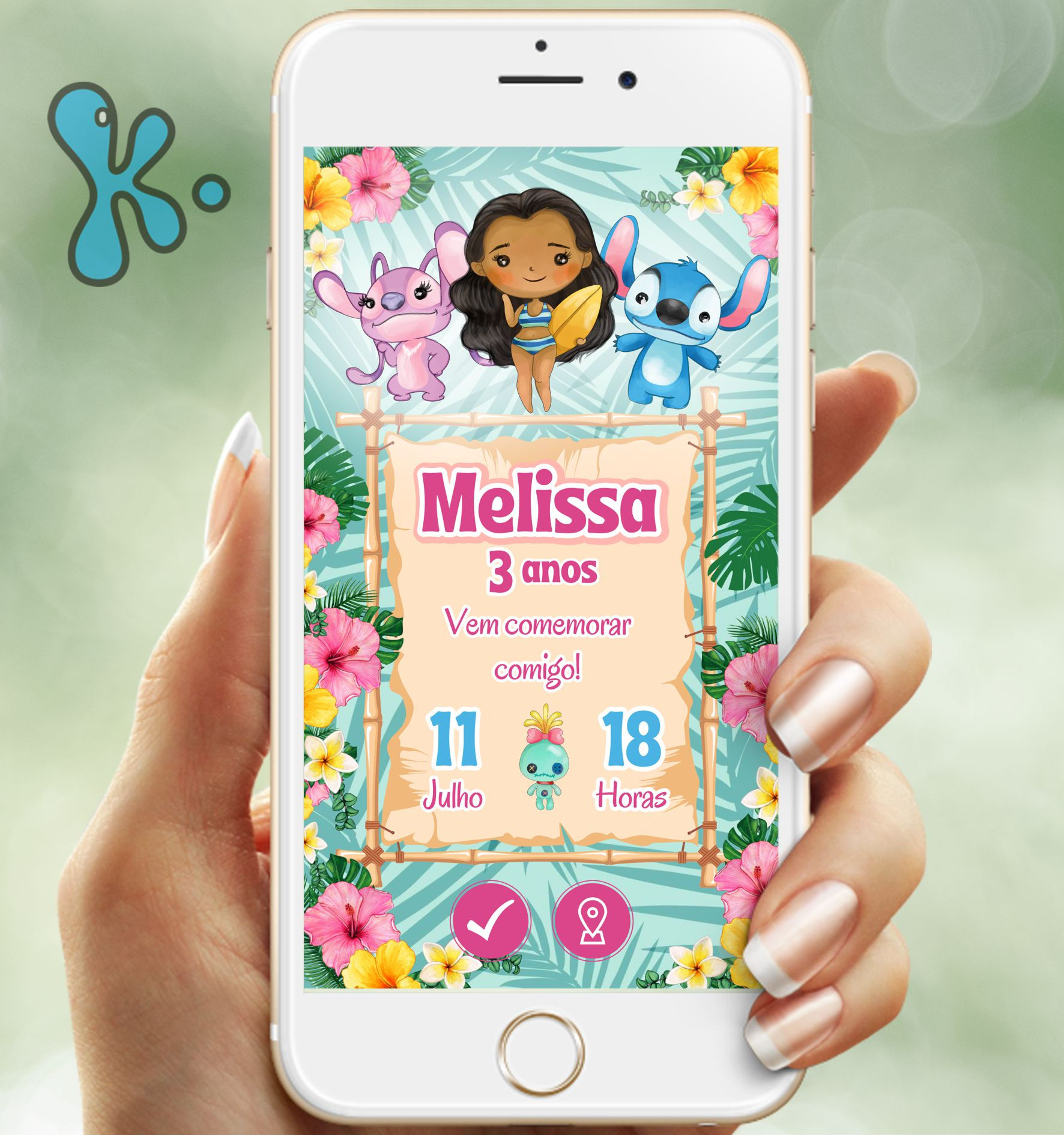 Convite digital Stitch Angel com personagens tropicais, personalizável e com links interativos