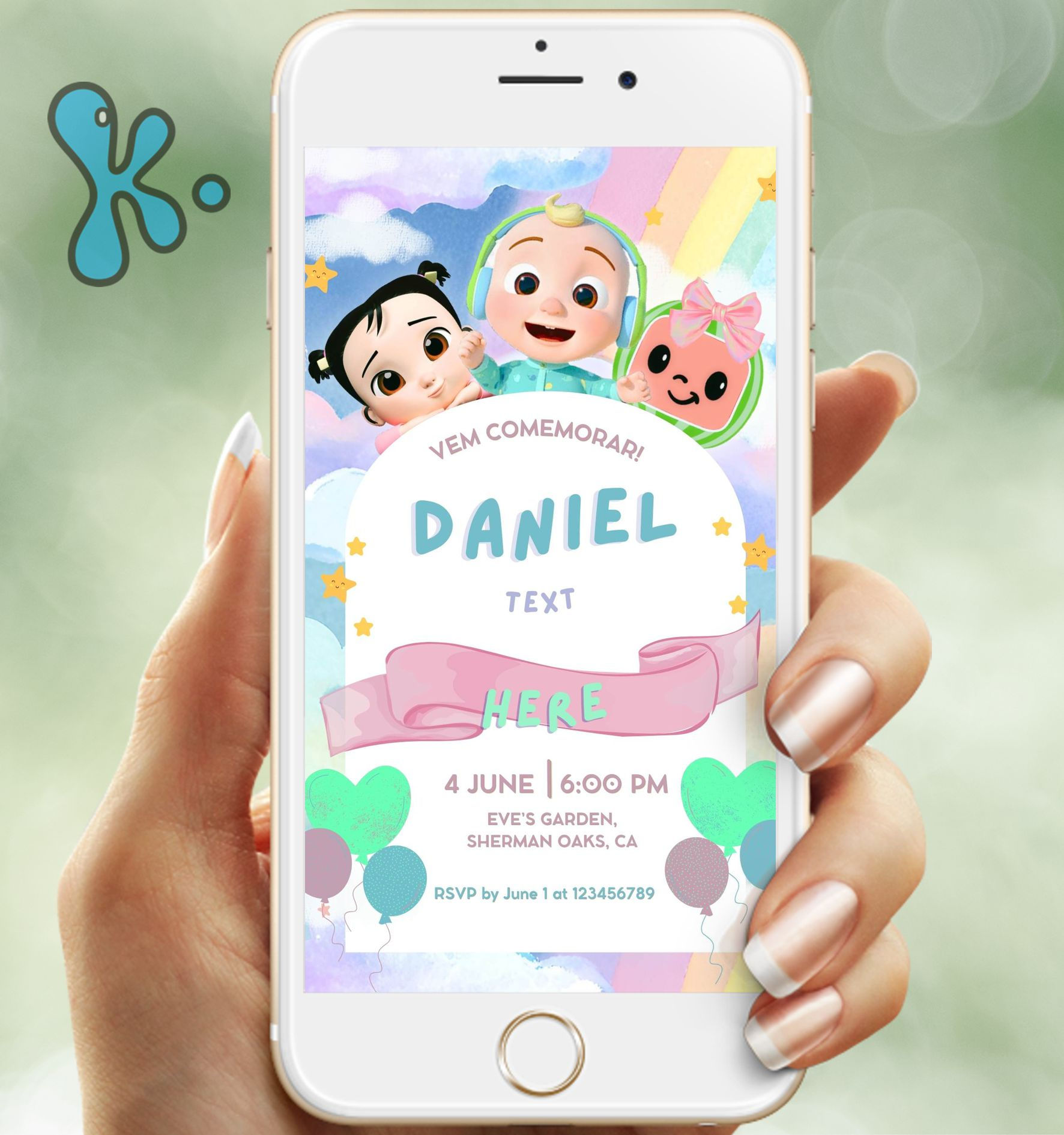 Convite digital Cocomelon com arco-íris, balões e personagens para aniversário infantil.