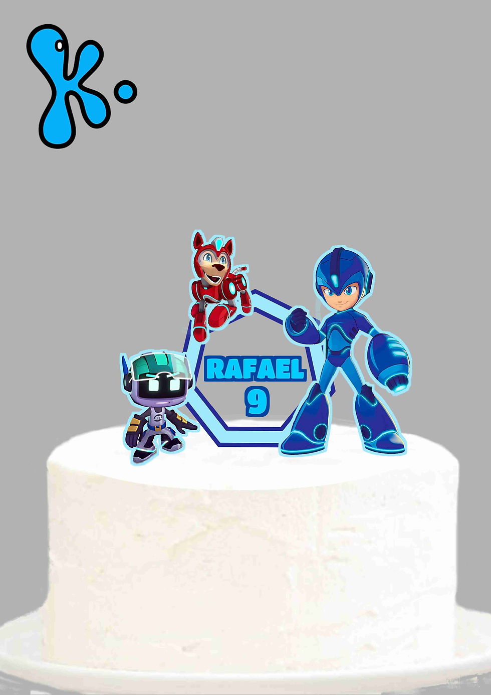 Topo de bolo Mega Man com nome Rafael e 9 anos