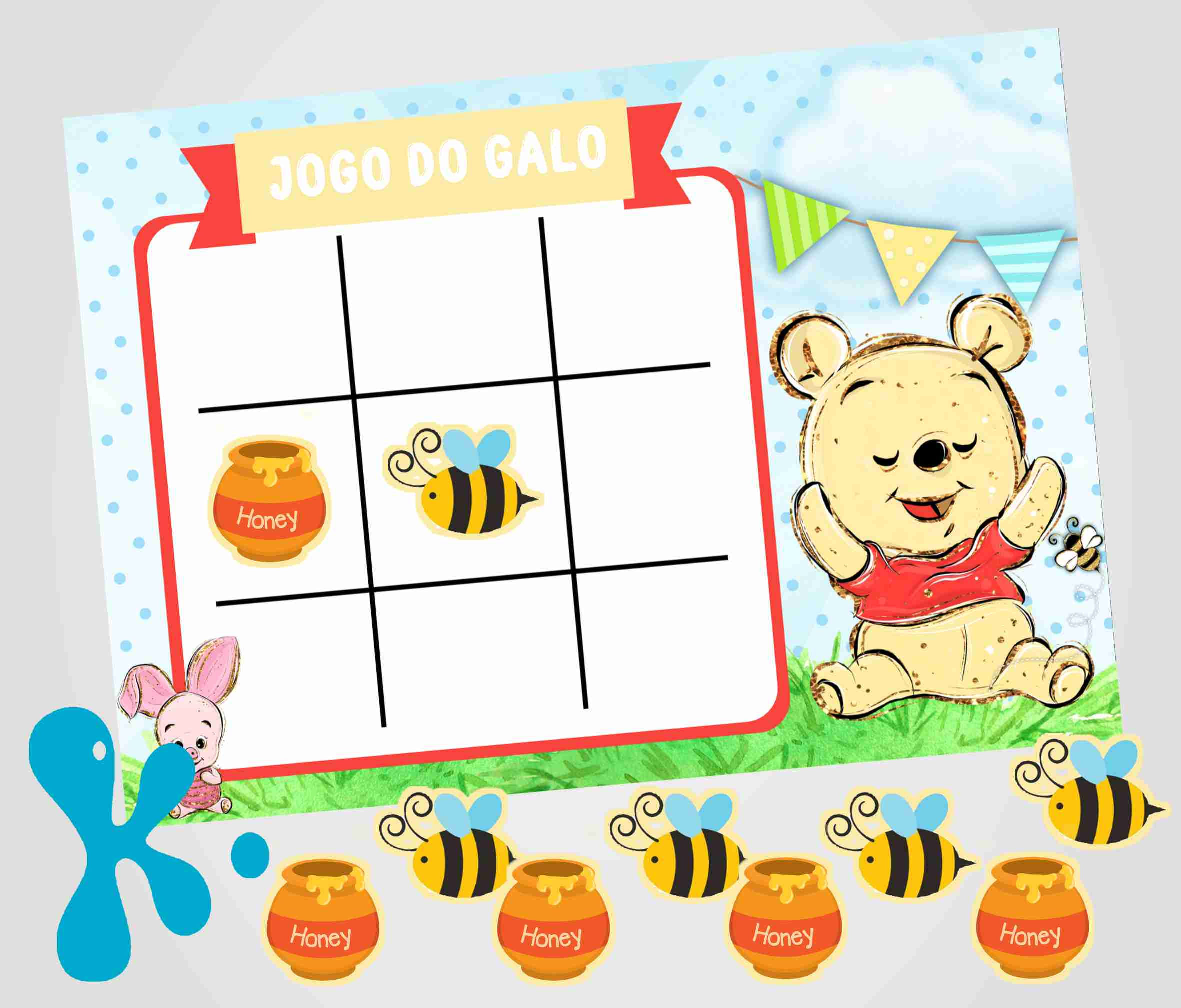 Jogo do galo personalizado Baby Winnie The Pooh com potes de mel e abelhas em tabuleiro infantil.