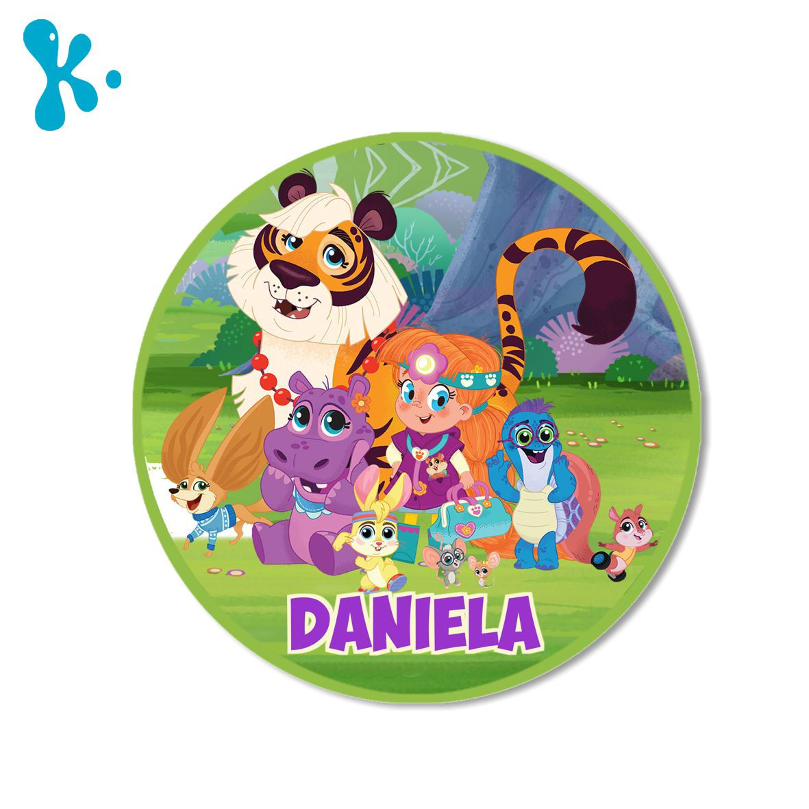 Autocolante redondo Vida a Veterinária personalizado com personagens e animais para decoração de festa infantil.