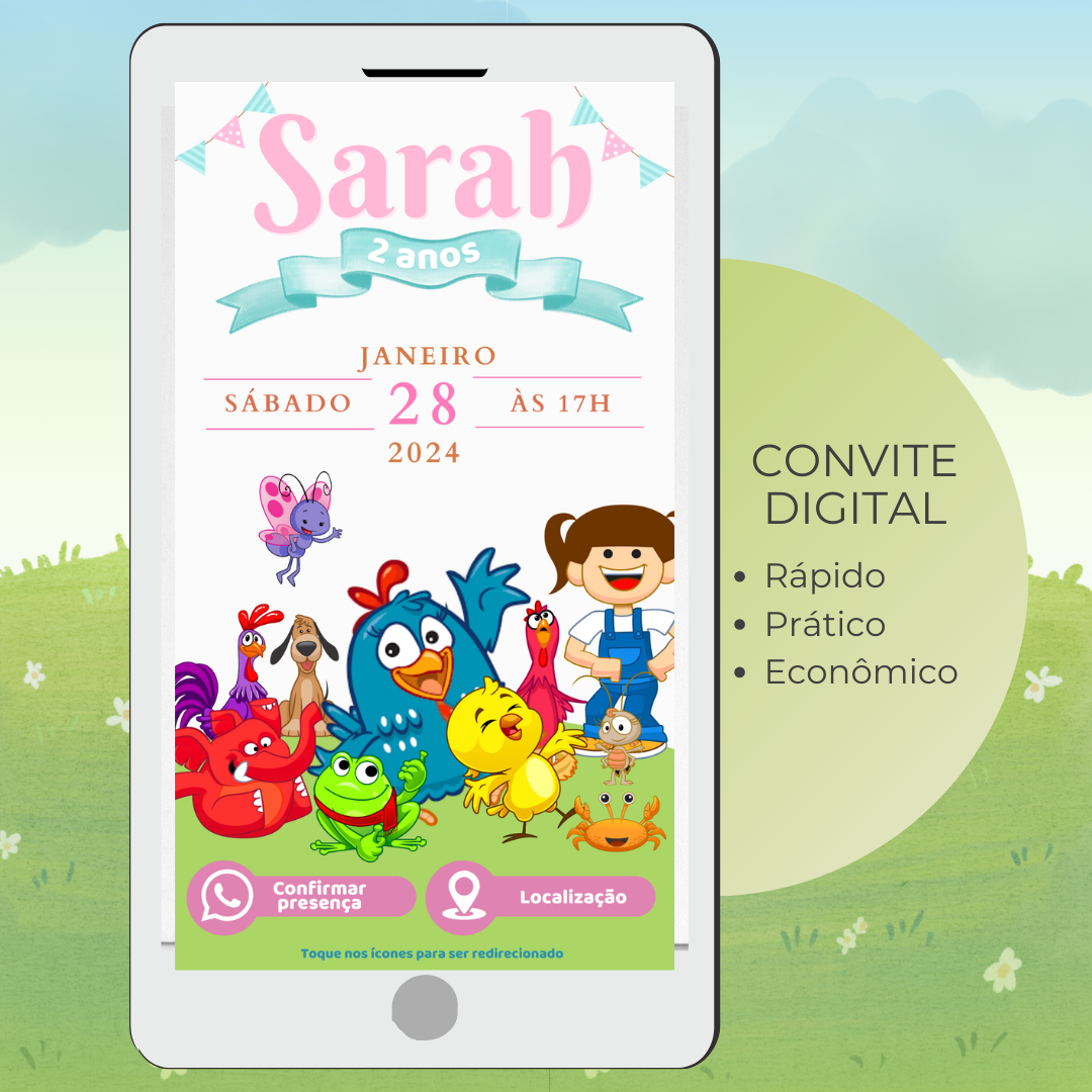 Convite Interativo Galinha Pintadinha com toda a turma reunida, fundo infantil e botões interativos de confirmação