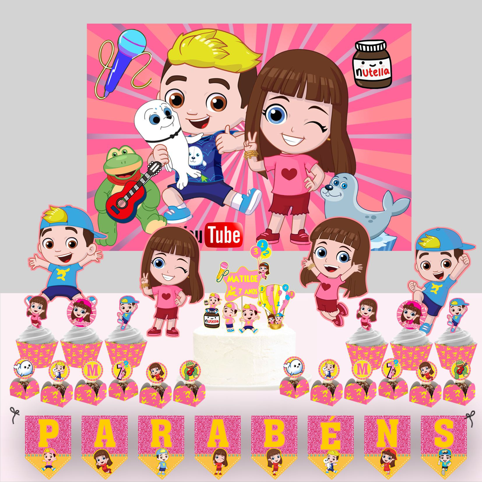 Kit de Festa Luccas Neto e Gigi Menina com painel rosa e decoração infantil.