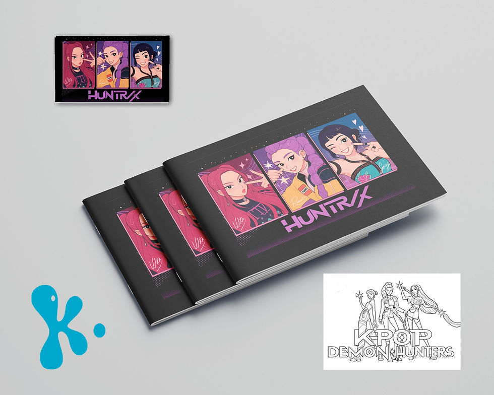 Livro de colorir KPop Demon Hunters com capa estilizada e desenhos de guerreiras para pintar