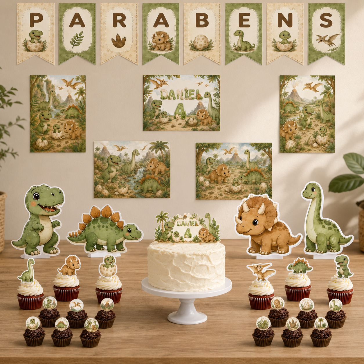 Kit festa dinossauros personalizado com cartazes, bandeirola, topo de bolo, figuras de mesa e toppers para aniversário infant