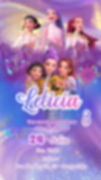 Convite digital KPop Demon Hunters roxo com personagens estilo K-pop e nome Letícia 8 anos.