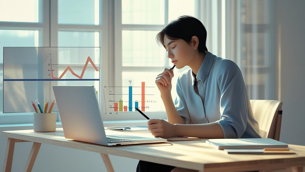 Pessoa sentada pensativamente à mesa com caderno, caneta e laptop, cercada por gráficos de produtividade e ferramentas de autoavaliação