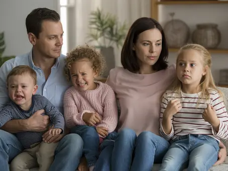 Uma mãe, um pai e três filhos de idades diferentes