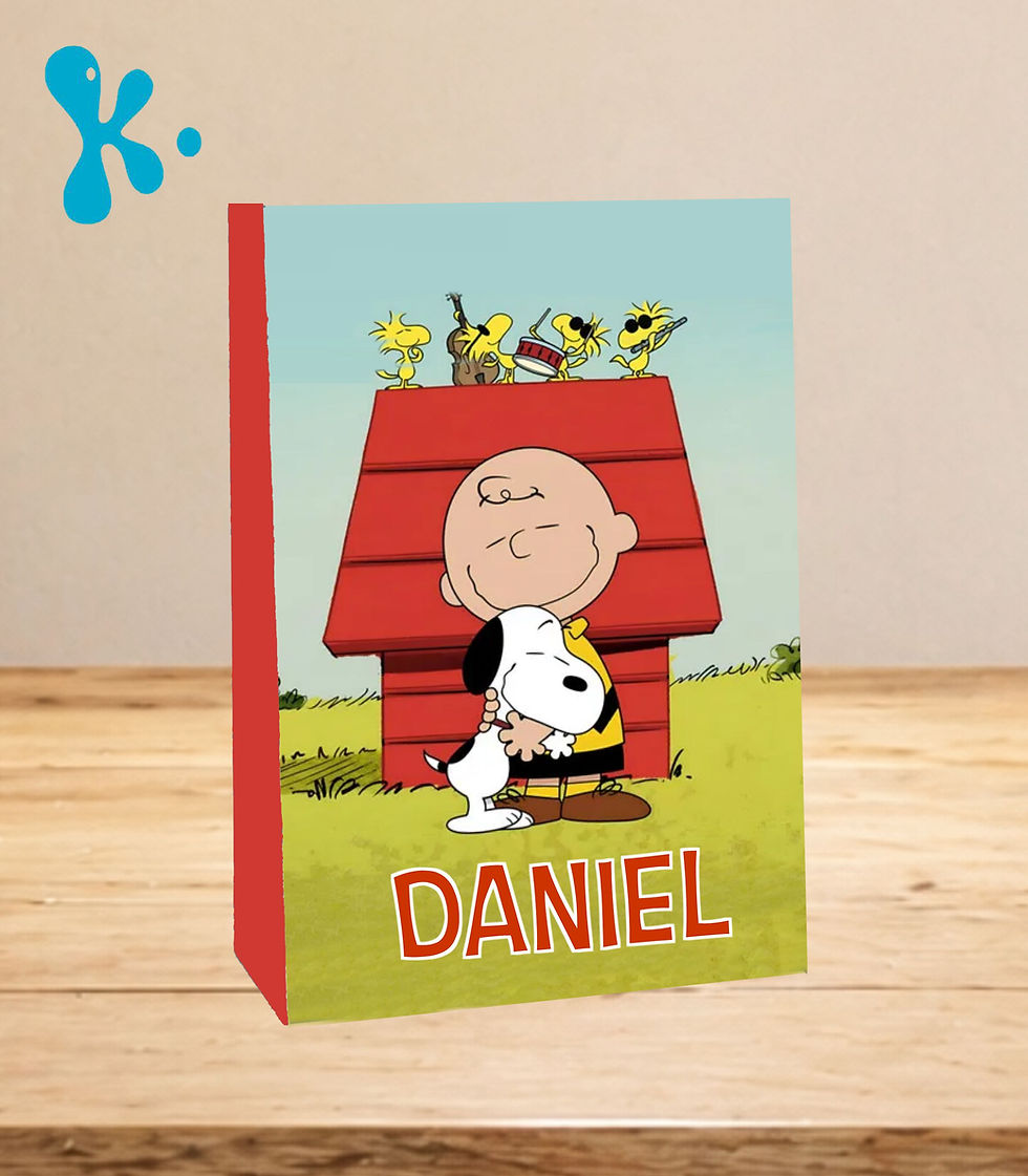 Saco lembrança personalizado Snoopy para festa infantil, com ilustração do simpático beagle.
