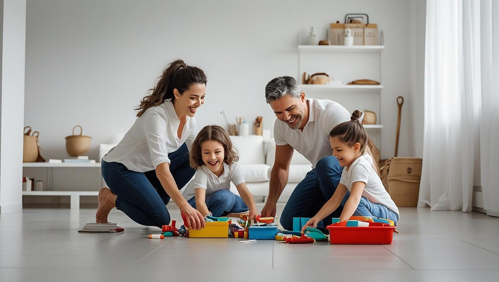 Família portuguesa feliz numa sala minimalista, organizando juntos alguns objetos, com crianças a participar na arrumação. Ambiente despojado mas caloroso, demonstrando o minimalismo como estilo de vida familiar.