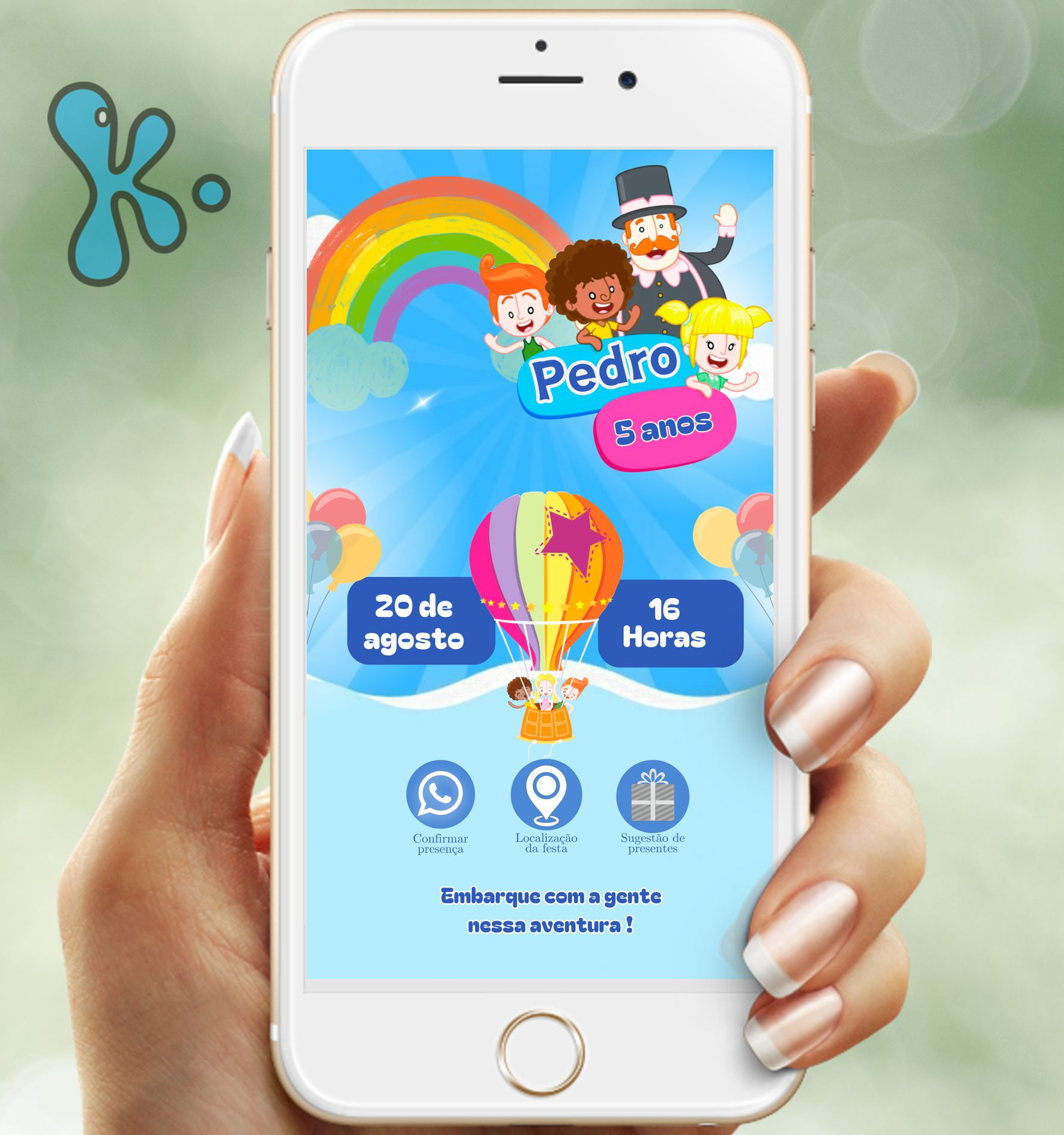 Convite digital Mundo Bita personalizado com arco-íris, balão e personagens coloridas para festa infantil divertida e educati