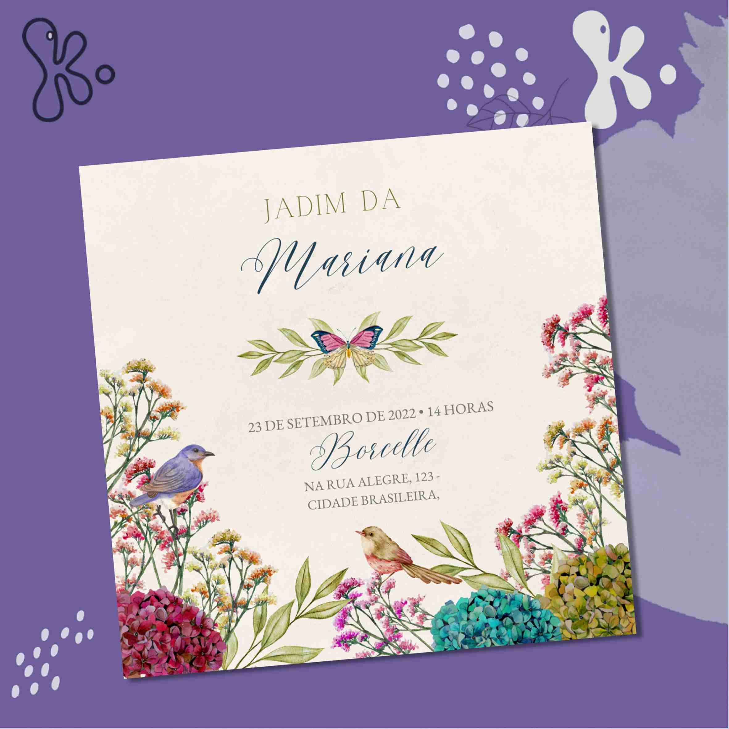 Convite Digital Jardim – Personalizado com Tema Floral, Pássaros e Borboletas