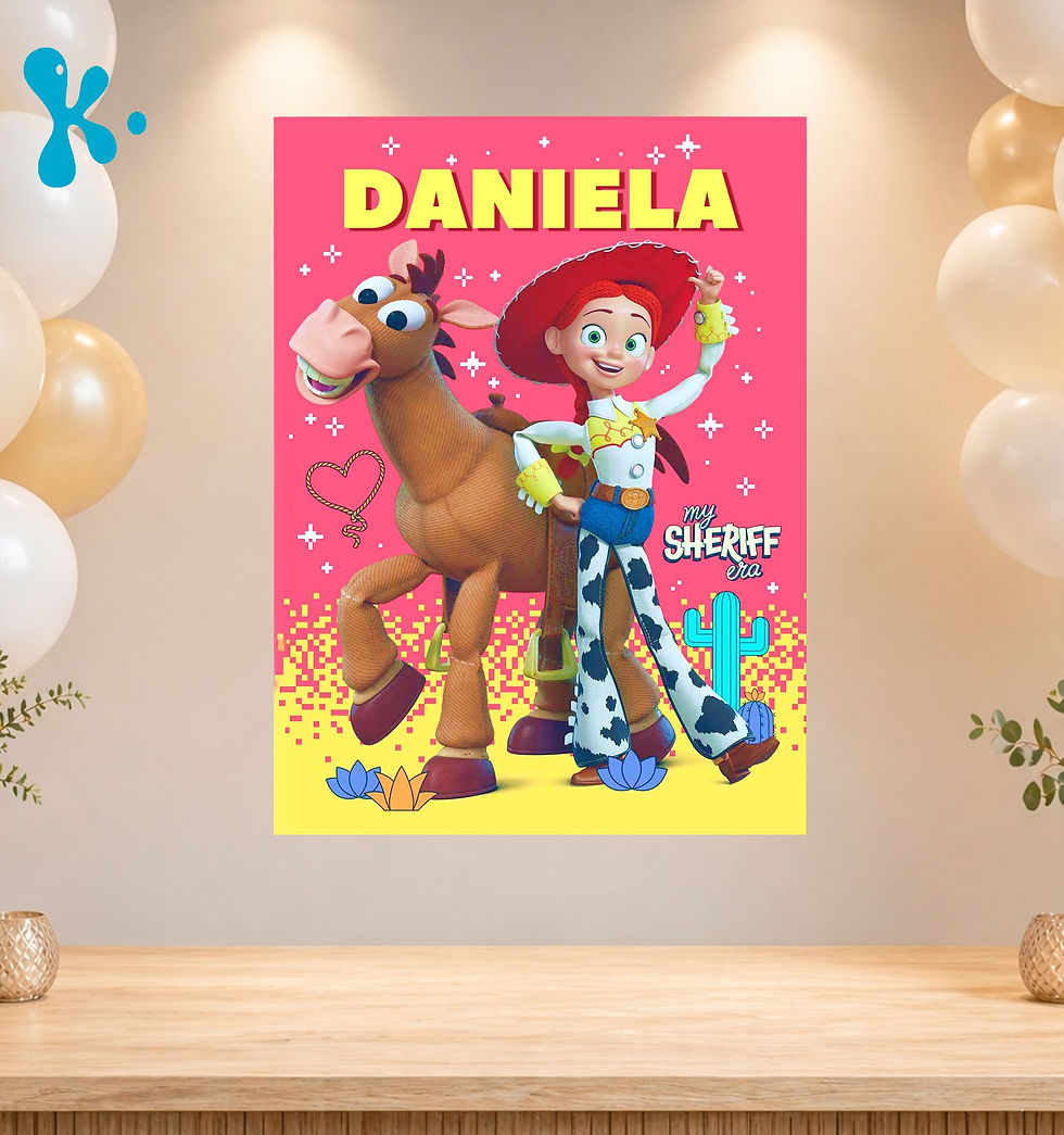 Cartaz Toy Story Jessie personalizado com nome, Jessie e Bala no Alvo para festa infantil.