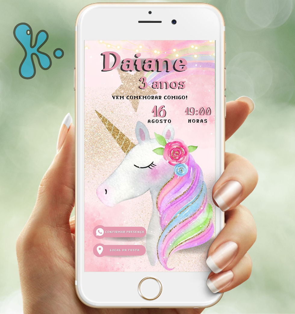 Convite digital unicórnio delicado com flores e arco-íris, em PDF personalizável