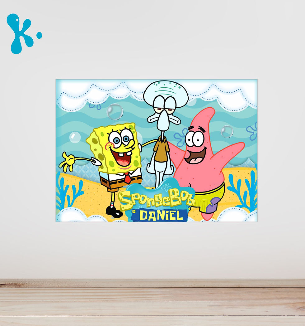 Cartaz SpongeBob personalizado com personagens do fundo do mar, ideal para decoração de festa infantil