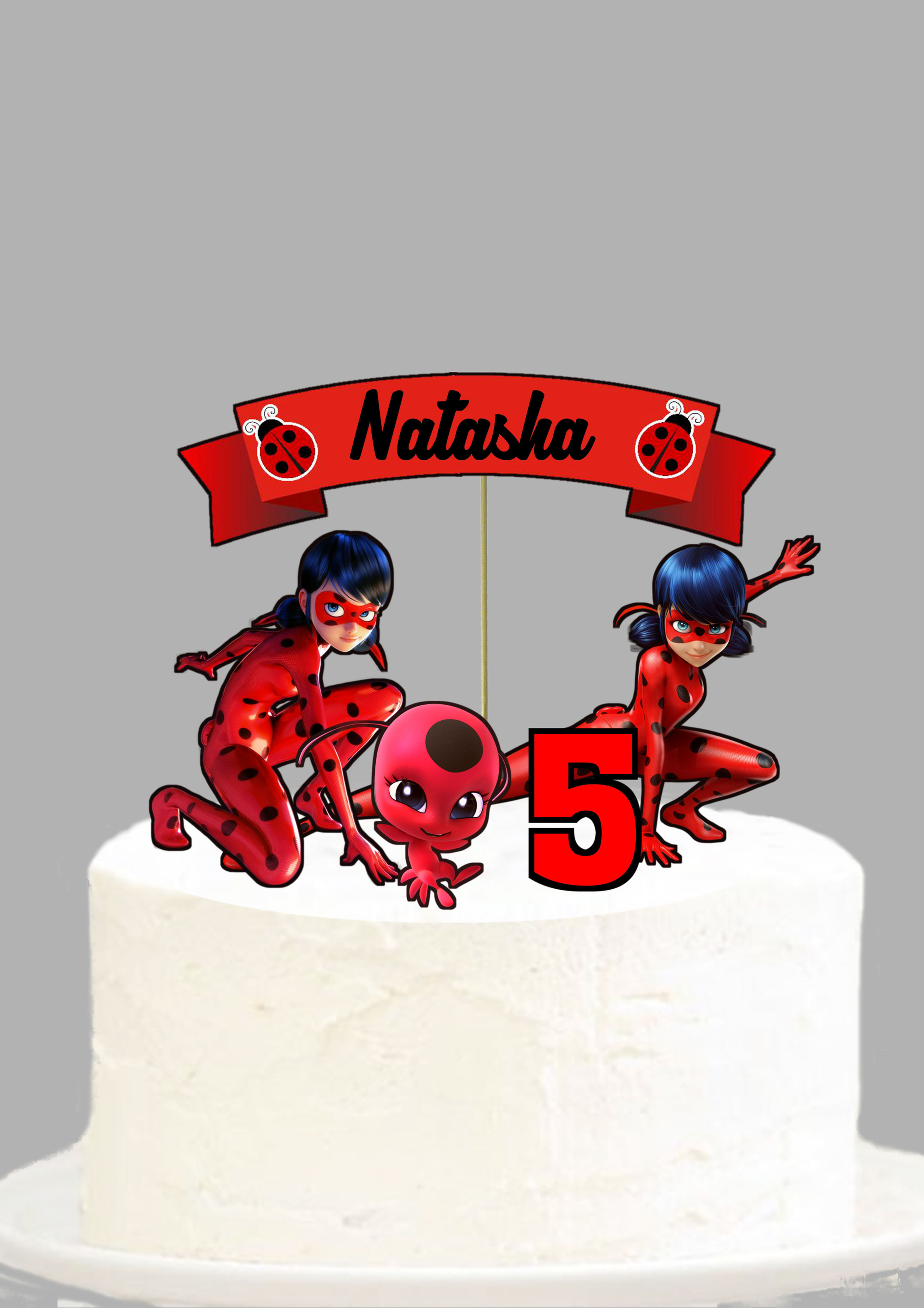 Topo de bolo Miraculous Ladybug personalizado com nome e idade para festa infantil.