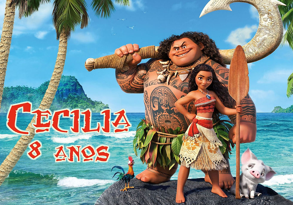 Cartaz Vaiana personalizado com nome e idade, personagens em cenário tropical junto ao mar.