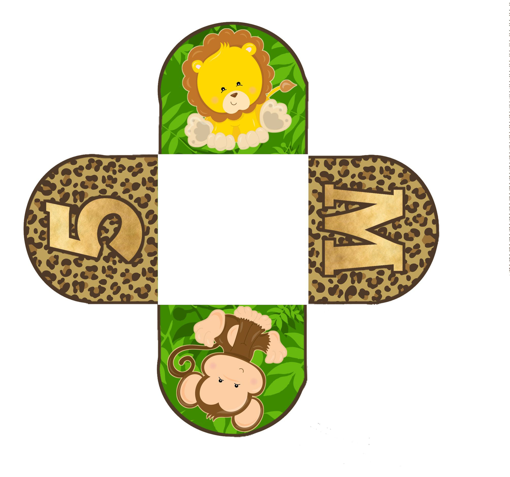 Caixetas personalizadas tema safari com leão e macaco em fundo verde e padrão animal print para doces de festa