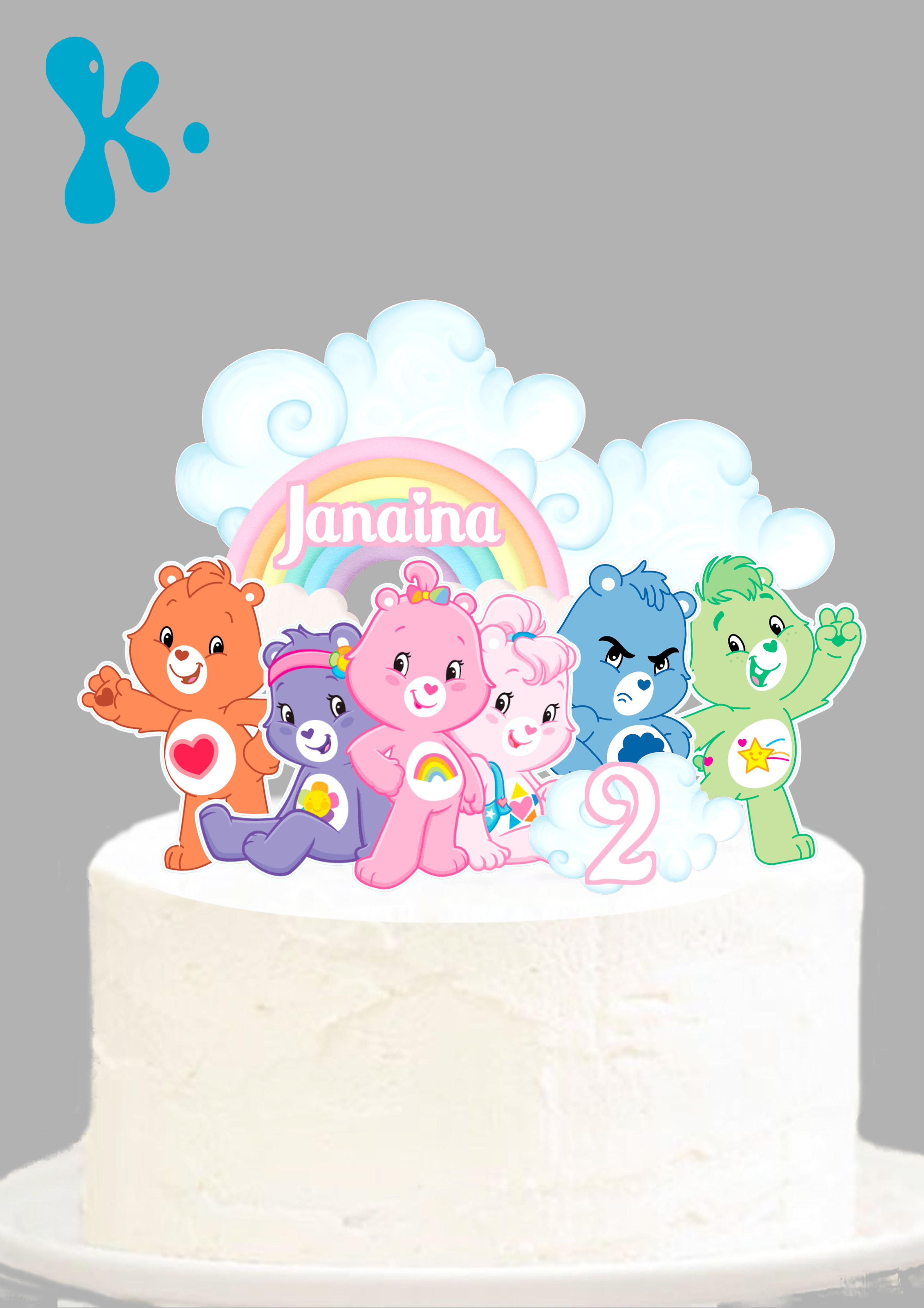 Topo de bolo dos Ursinhos Carinhosos com nome Janaina e idade 2 anos.